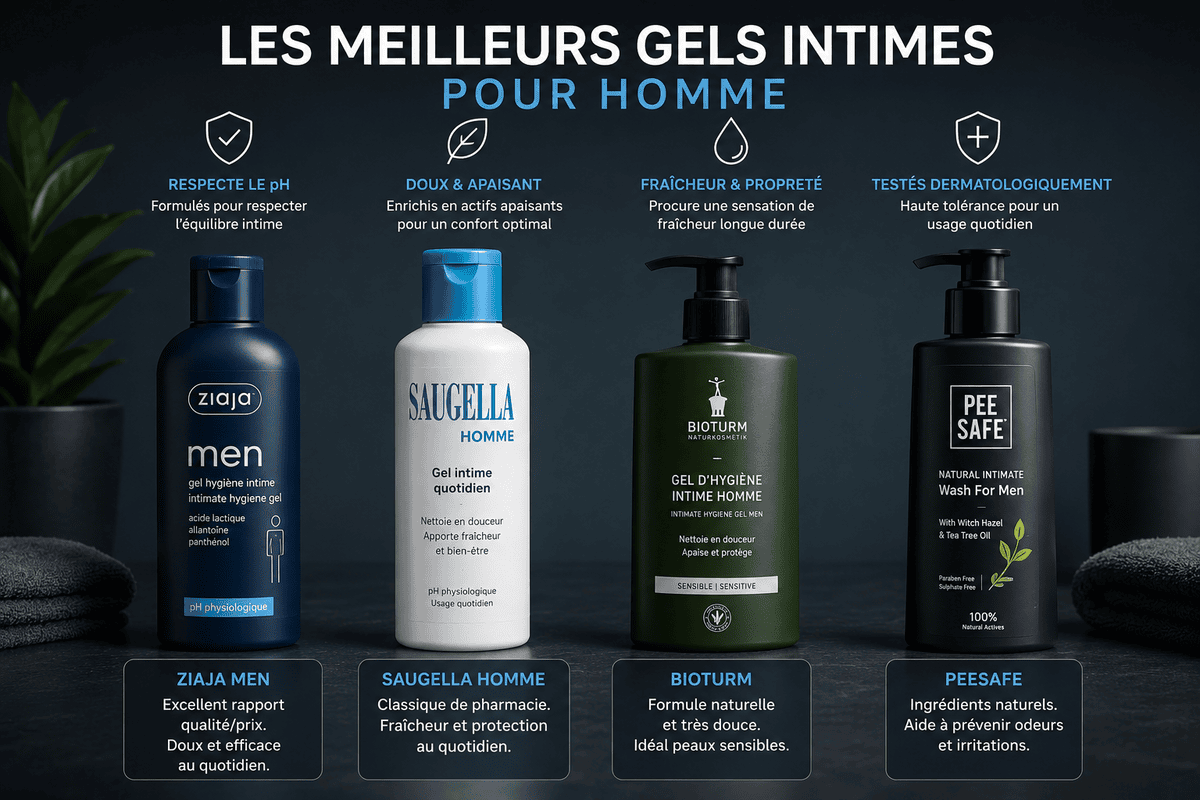 Les meilleurs gels intimes pour homme 2026 guide Amazon Saugella Ziaja Men Bioturm PeeSafe Dermoxen comparatif pH respecté doux apaisant