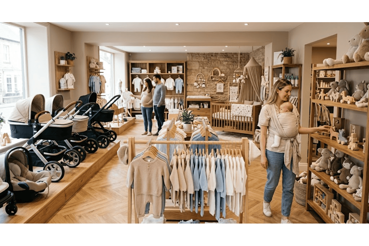 Boutique bébé puériculture intérieur bois poussettes vêtements suspendus jouets peluches maman porte bébé écharpe