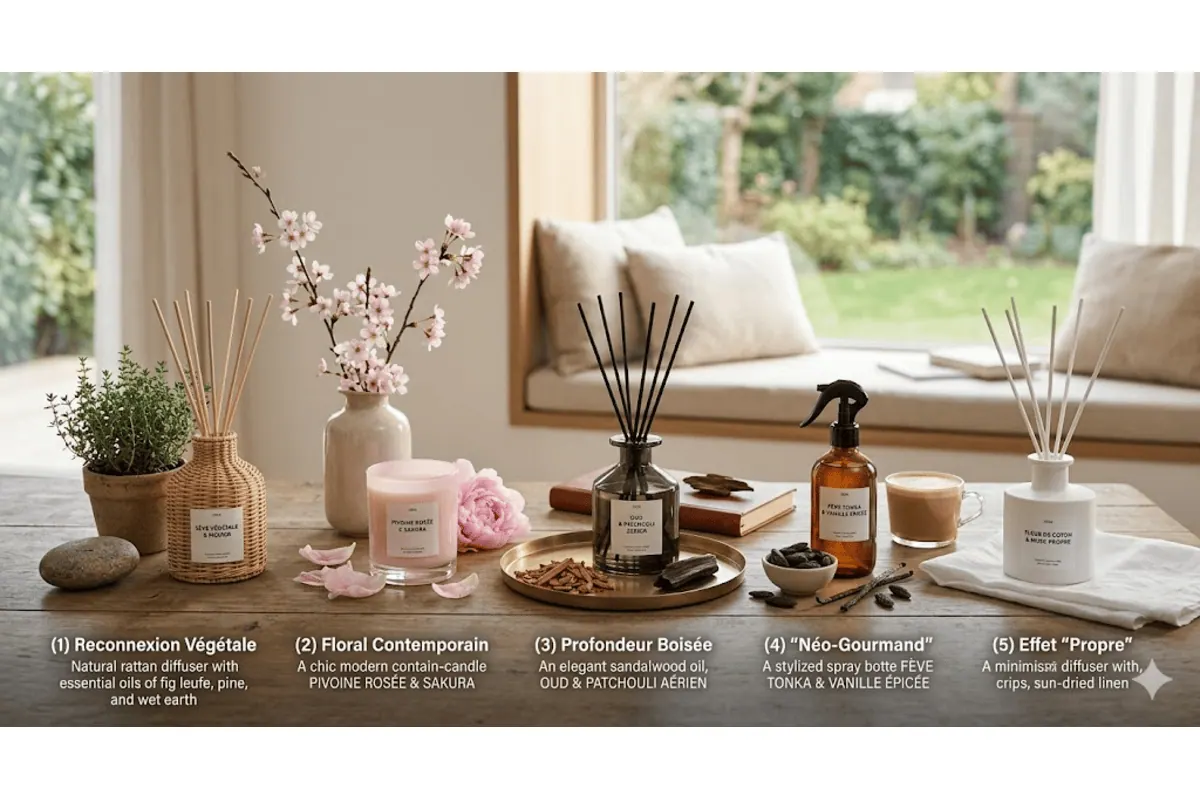 Meilleurs parfums ambiance maison 2026 diffuseur bâtonnets bougie spray reconnexion végétale floral contemporain profondeur boisée néo-gourmand effet propre