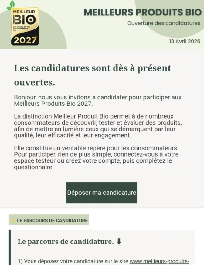 Meilleurs Produits Bio 2027 candidatures jury testeurs ouvertes