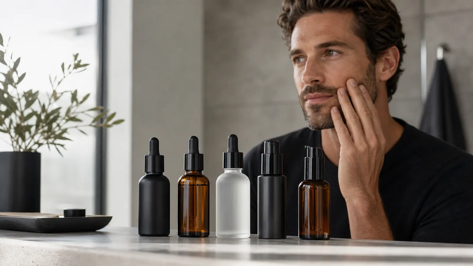 Comparatif meilleurs sérums visage homme 2026 dans une salle de bain moderne