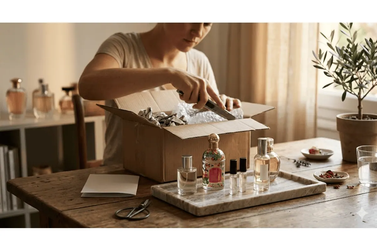 Femme ouvre colis carton parfum table bois flacons parfumerie marbre olivier livraison à domicile