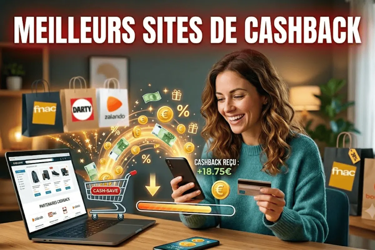 Les 4 meilleurs sites de cashback en France : iGraal (10€ offerts), eBuyClub (7€), Poulpeo (5€), Swagbucks — femme souriante encaisse 18,75€ de cashback sur achats Fnac, Darty, Zalando, Boulanger