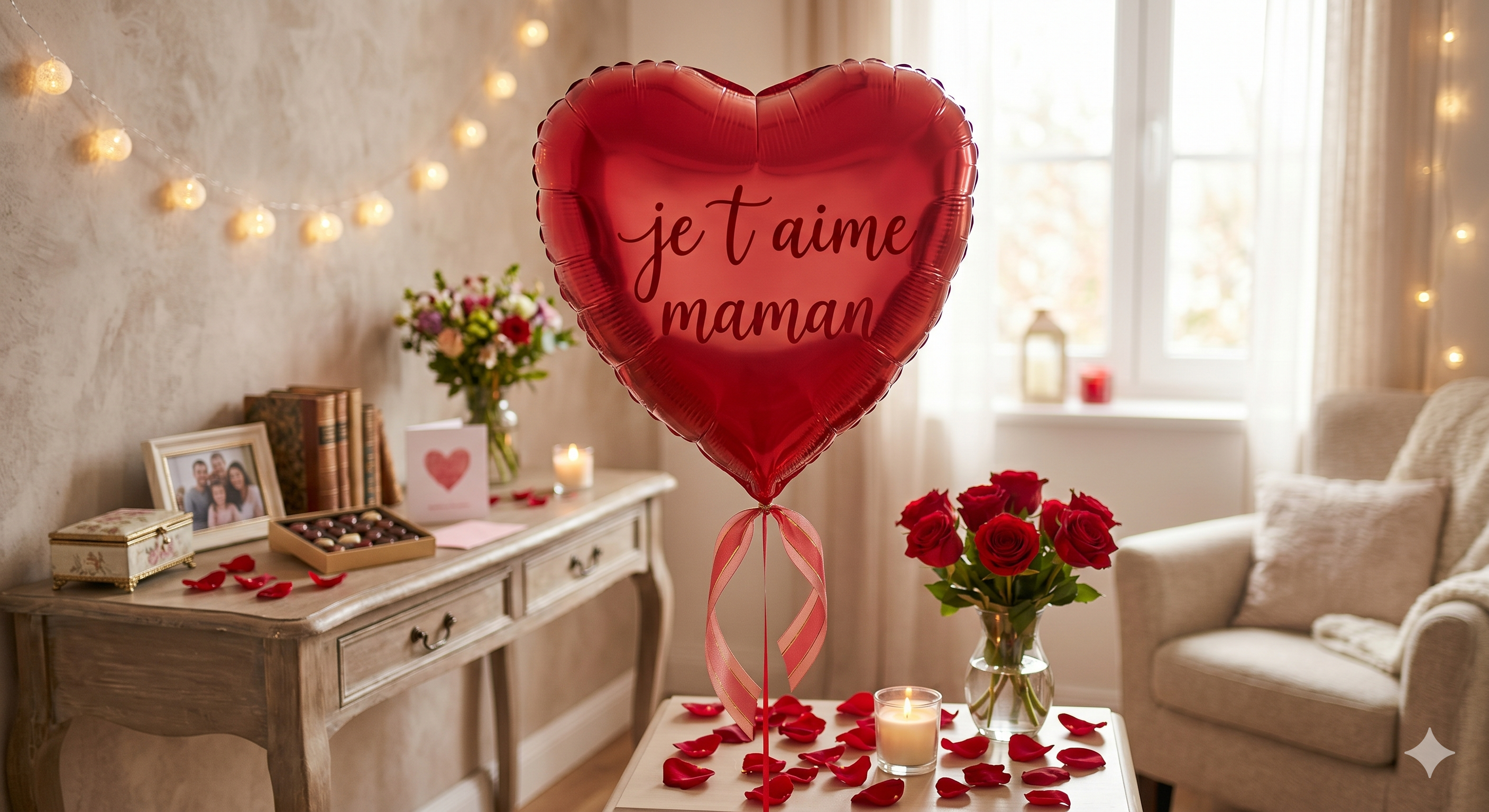 Fête des Mères 2026 cadeaux originaux ballon Je t'aime maman roses bougies ambiance cocooning