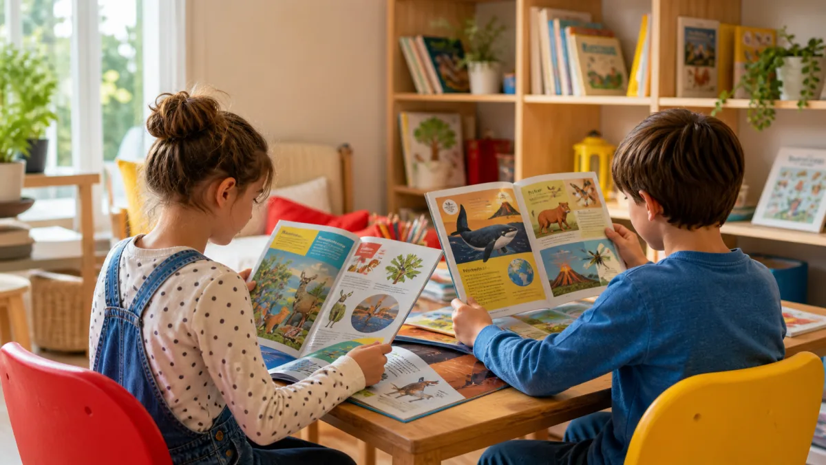 Enfants lisant des magazines jeunesse colorés dans un coin lecture