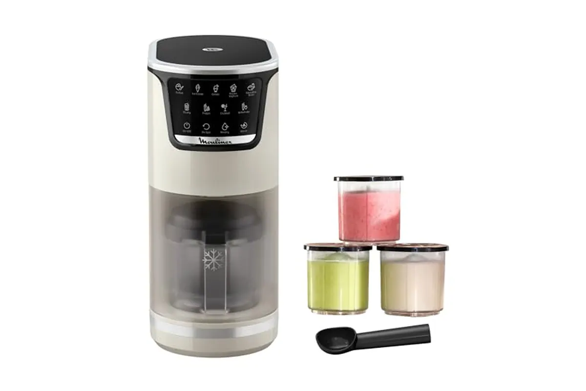 Machine à glaces Moulinex Dolci MJ604AF0 blanche avec ses trois bols de 1,4 litre pour crèmes glacées sorbets et boissons glacées