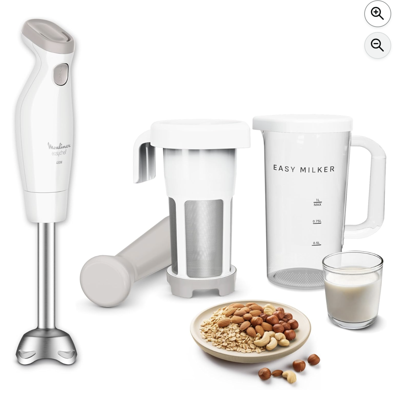 Moulinex Easy Milker et pied mixeur Easychef avec carafe, pilon et ingrédients