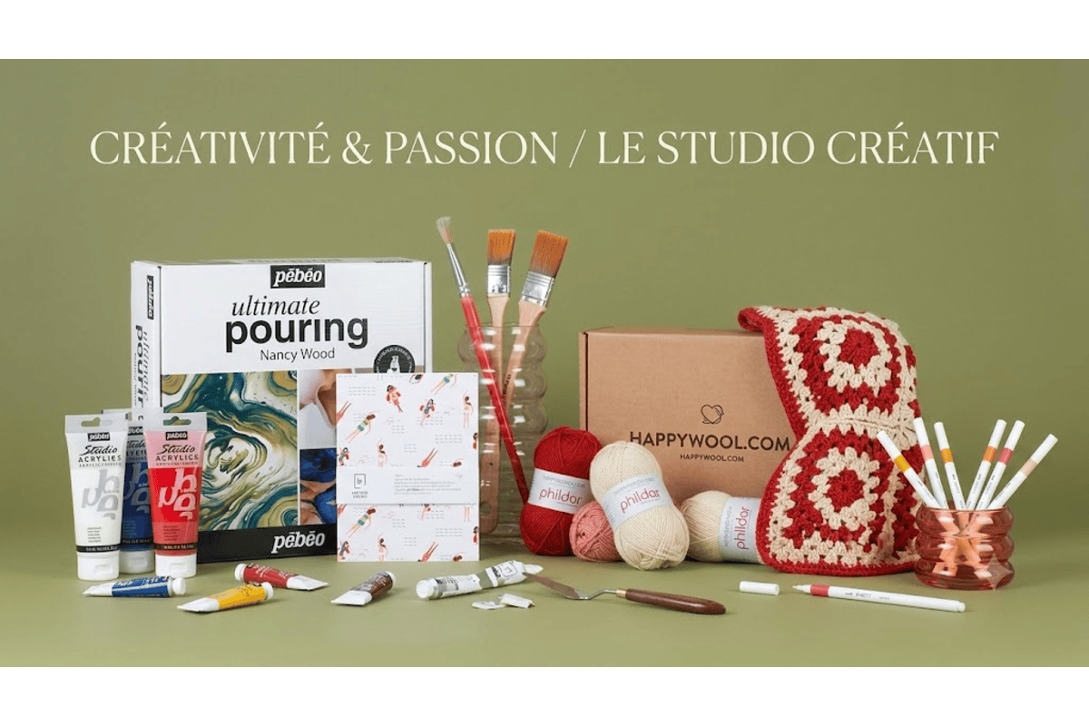 Box Marie Claire Idées Loisirs Créatifs 5 produits Pébéo OMY Happywool Les Jolis Cahiers Emott Uni-Ball 20 € valeur 113 €