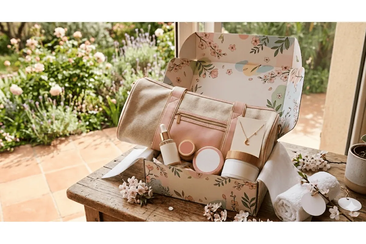 Box beauté ouverte intérieur fleuri sac sport rose sérum baume bougie collier jardin printanier roses lavande