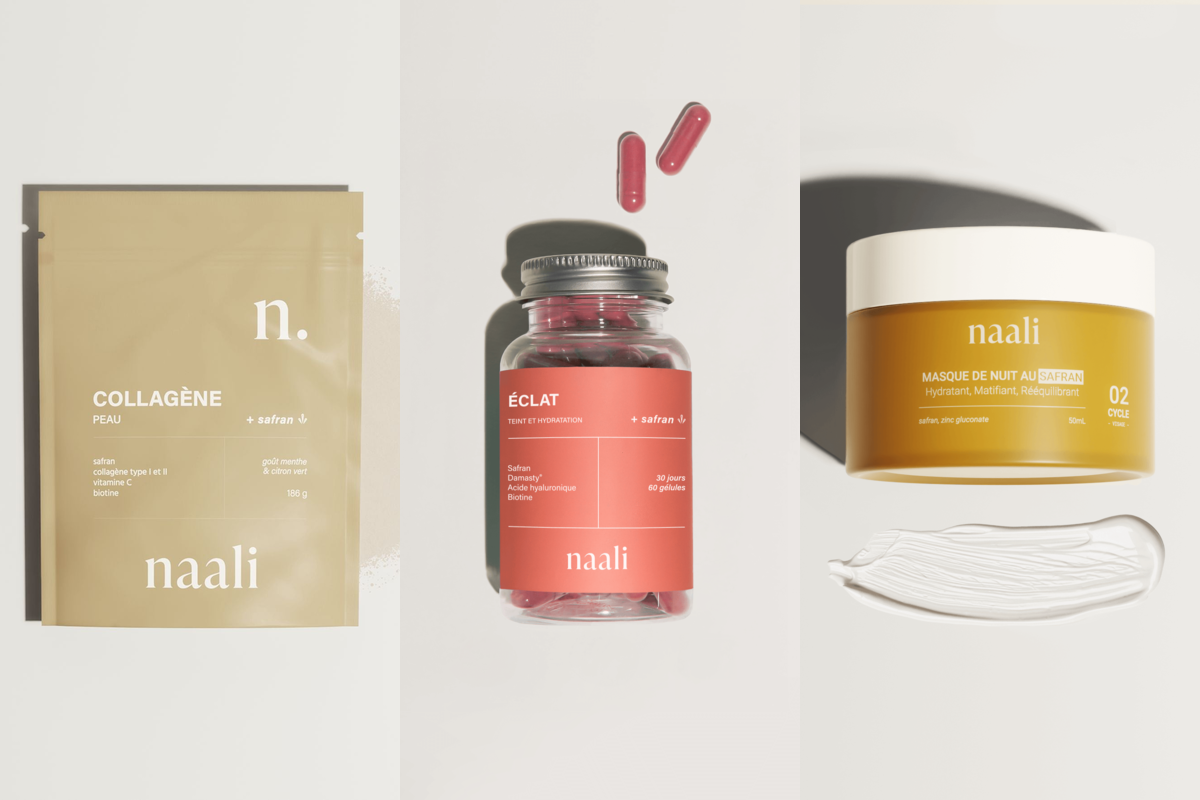 Trois produits Naali au safran : le collagène en poudre, les gummies Éclat et le masque de nuit réparateur
