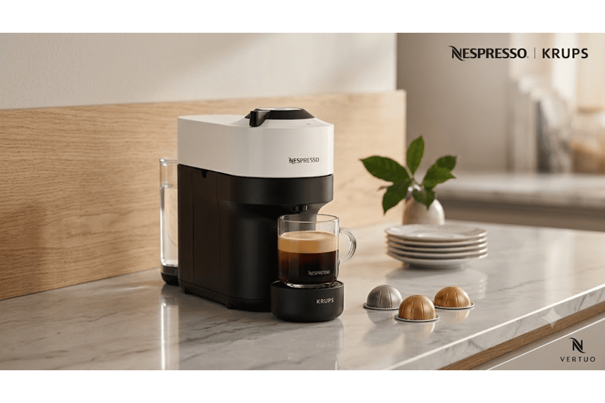 Nespresso Vertuo Pop machine à café compacte blanche noire sur plan travail marbre tasse café crème plante capsules Vertuo Krups dès 59,99 € Amazon