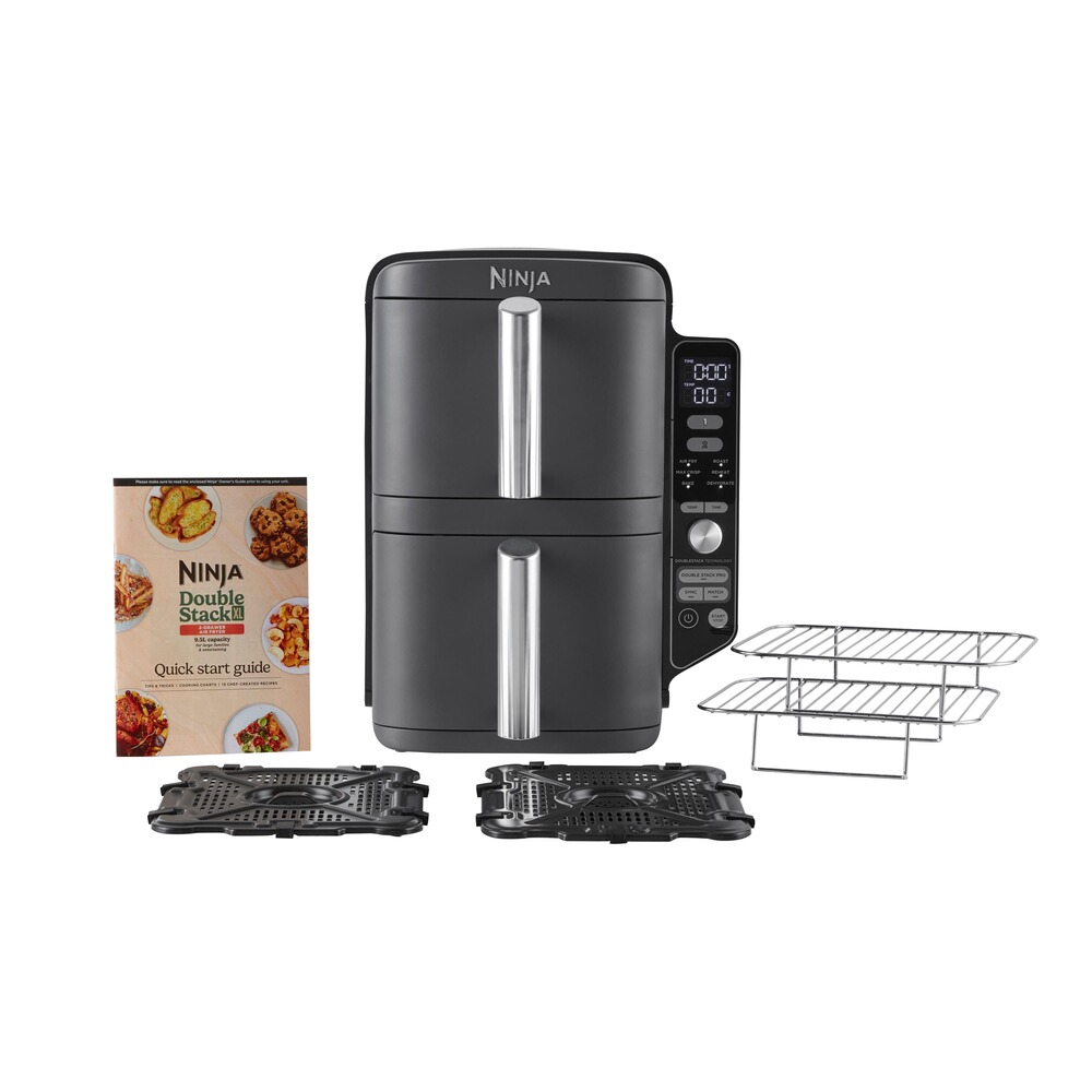 Air fryer Ninja Double Stack XL SL400EU gris avec deux tiroirs superposés, grilles et plaques de cuisson