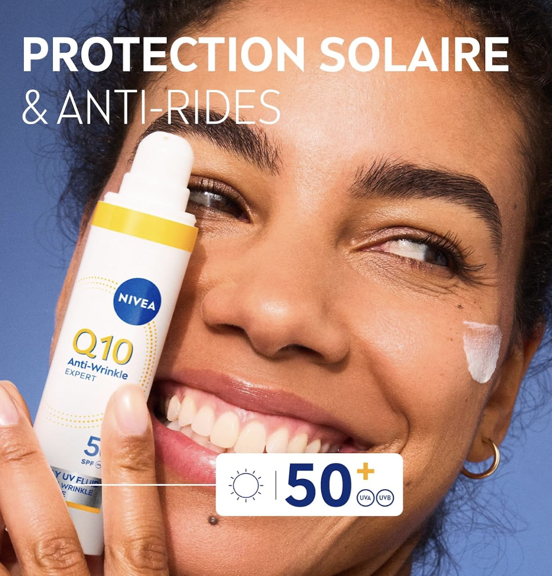 NIVEA Q10 Anti-Rides Expert SPF50 en application sur le visage — protection solaire et anti-rides