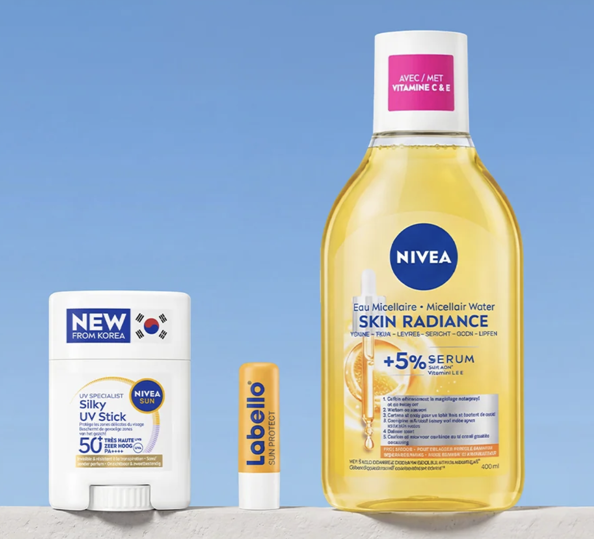 NIVEA routine beaux jours stick UV SPF50 eau micellaire Skin Radiance spray solaire