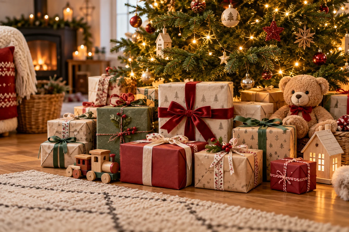 Cadeaux de Noël, ours en peluche et petit train en bois au pied d’un sapin illuminé