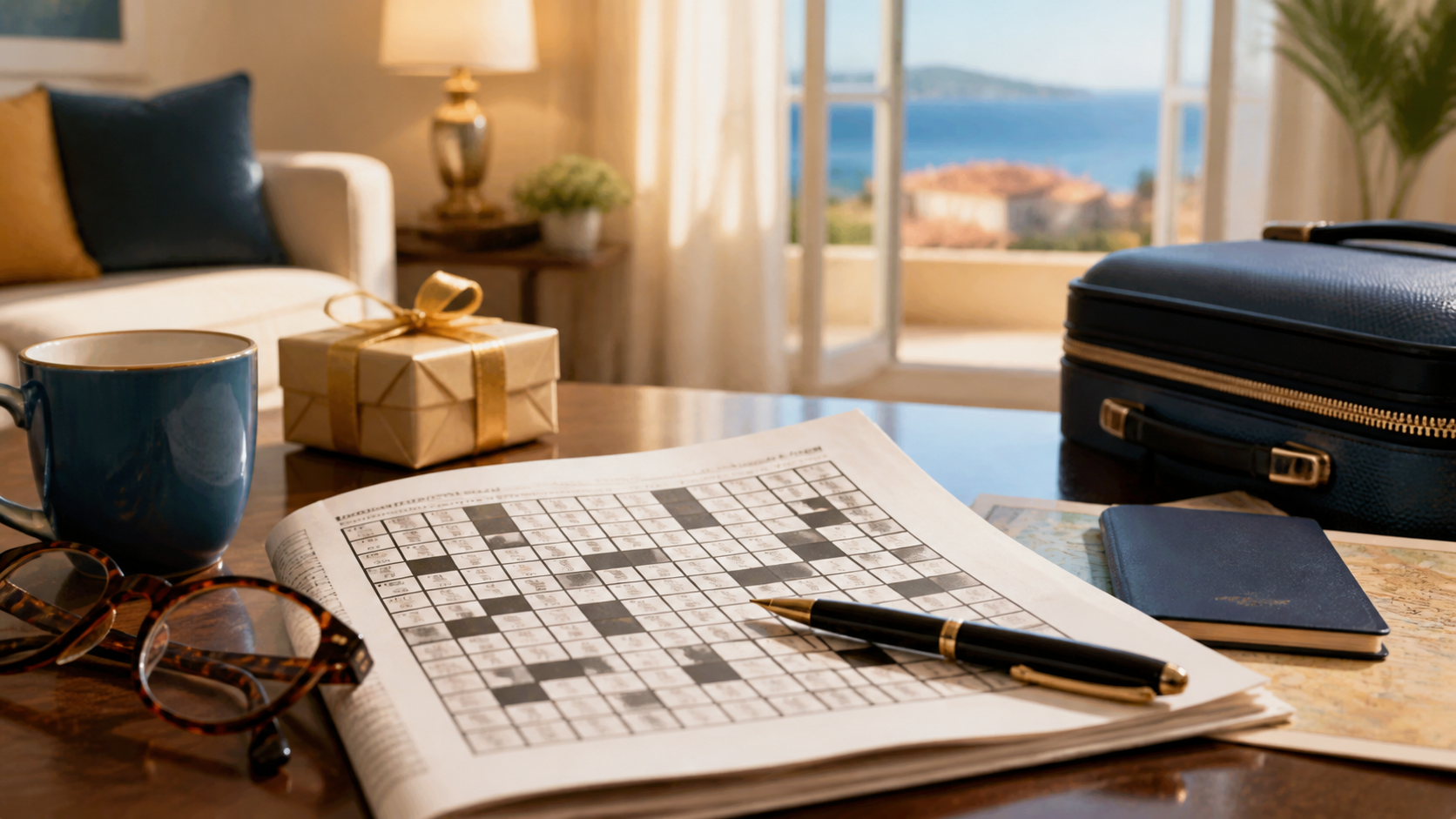 Grille de mots croisés, cadeau et valise illustrant les jeux concours permanents Notre Temps