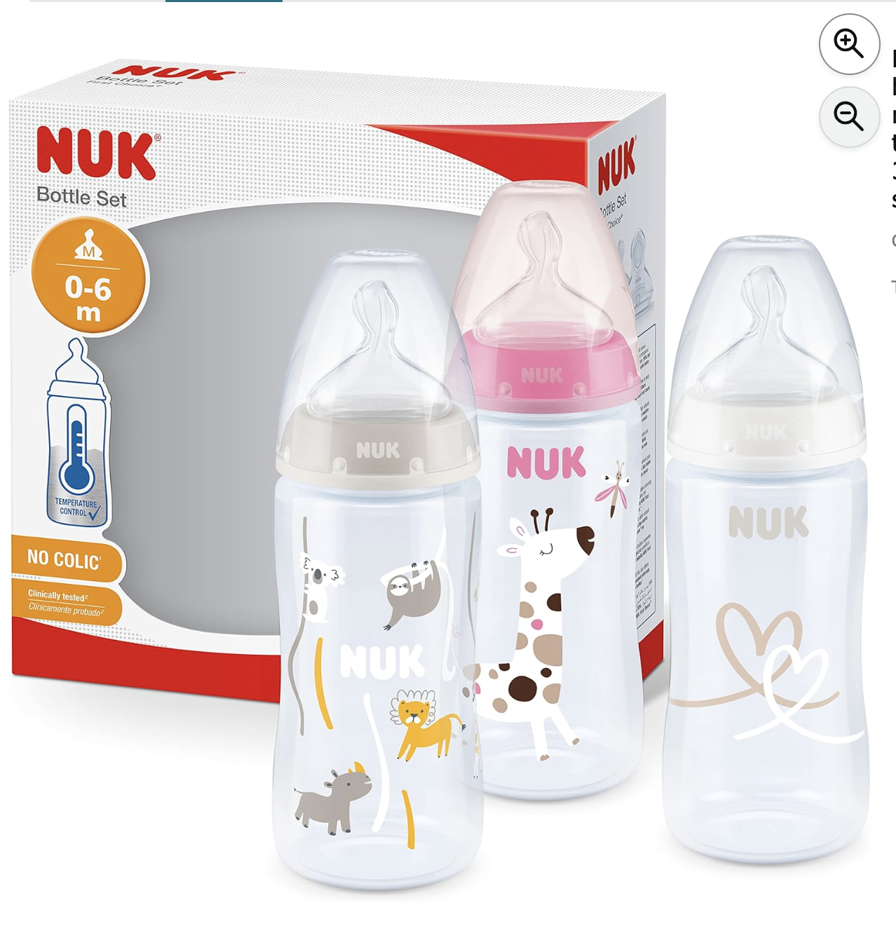 Lot de 3 biberons NUK First Choice+ motifs girafe rose avec boîte