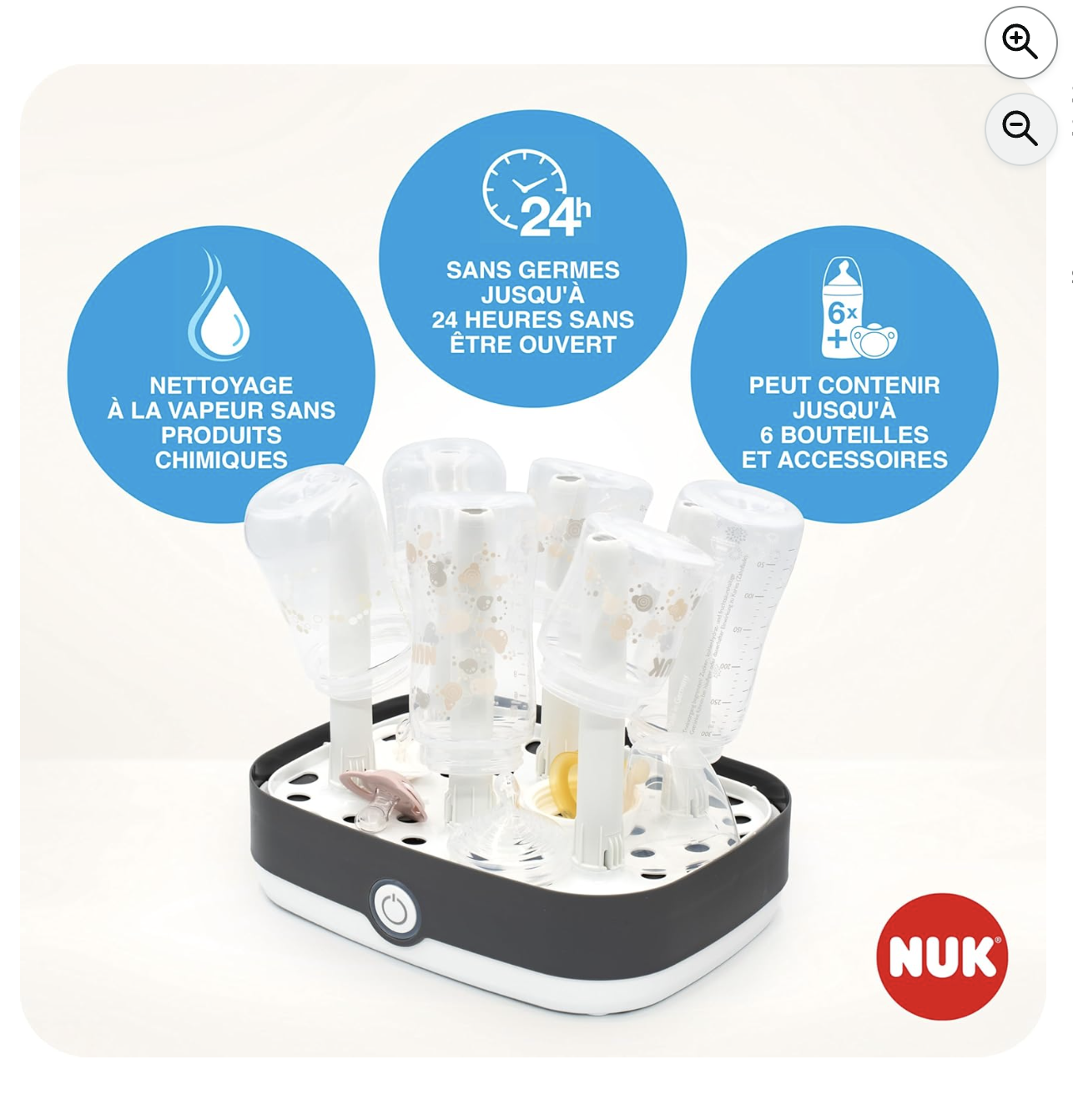 NUK Vario Express : vapeur sans produits chimiques, stérile 24h, jusqu'à 6 biberons et accessoires