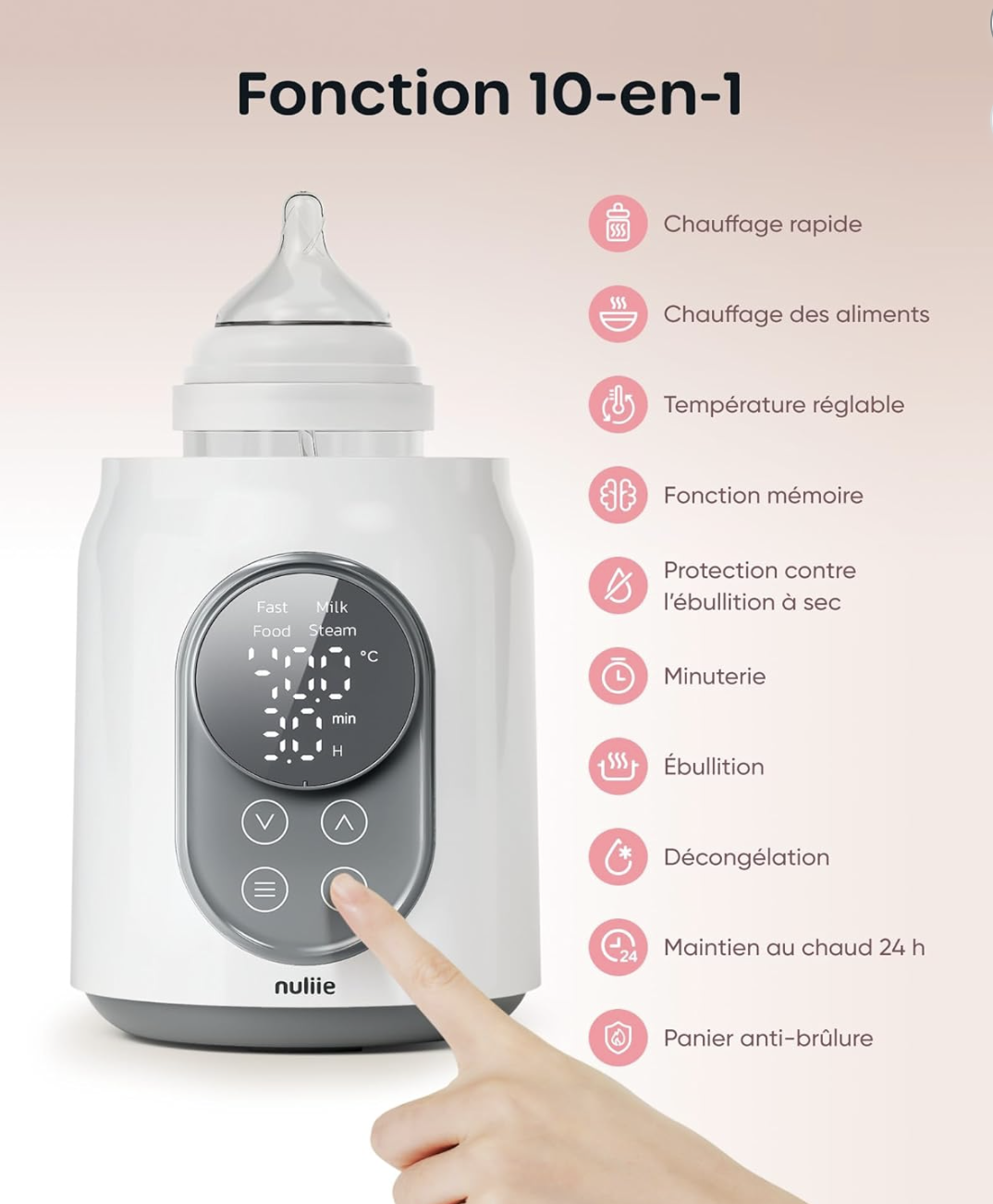 Chauffe-biberon Nuliie 10 en 1 avec écran LCD et fonctions multiples