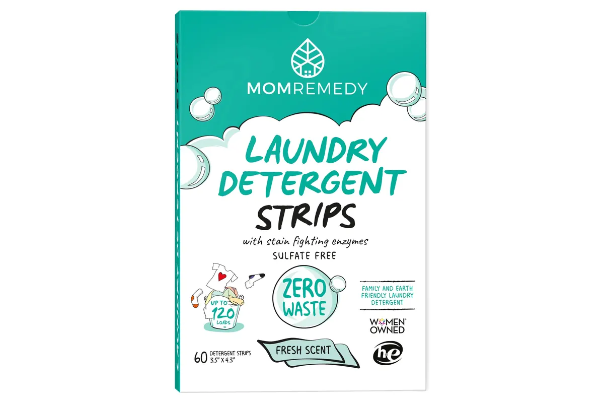 Boîte de feuilles de lessive MomRemedy Laundry Detergent Strips, 60 feuilles pour jusqu'à 120 lavages, enzymes anti-taches, sans sulfate, zéro déchet, parfum frais
