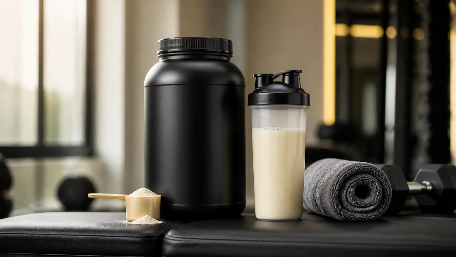 Pot de whey sans marque avec shaker, poudre protéinée et matériel de sport