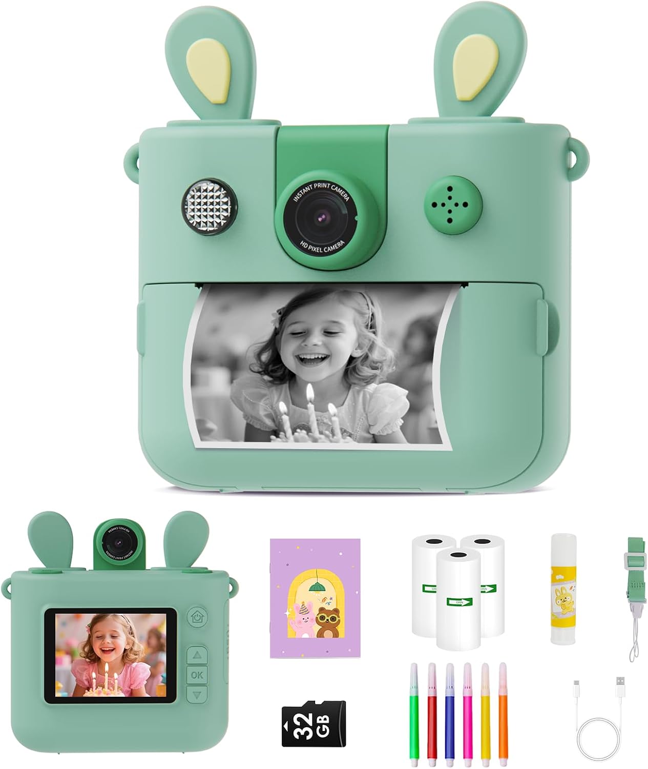 Appareil photo instantané ORGSTA vert menthe pour enfant avec rouleaux et accessoires