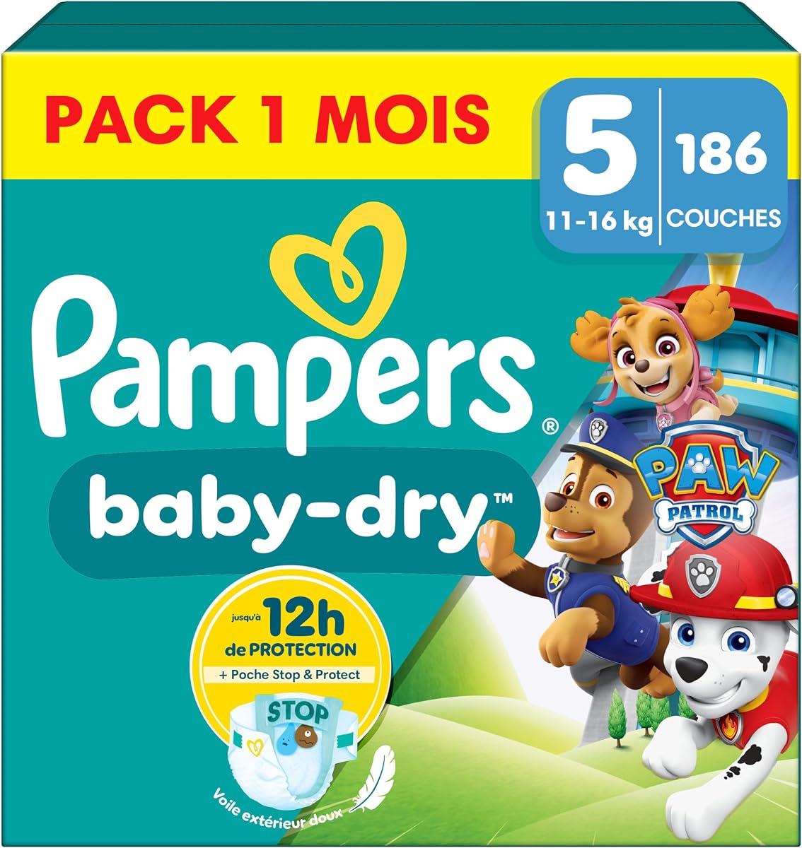 Pampers Baby-Dry Taille 5 La Pat'Patrouille, pack mensuel de 186 couches