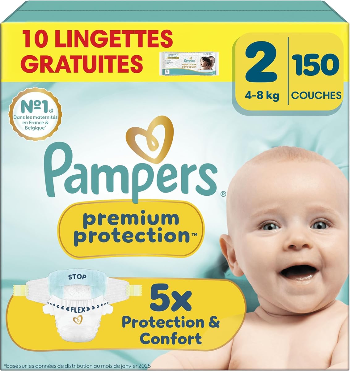 Pampers Premium Protection Taille 2, pack de 150 couches avec 10 lingettes