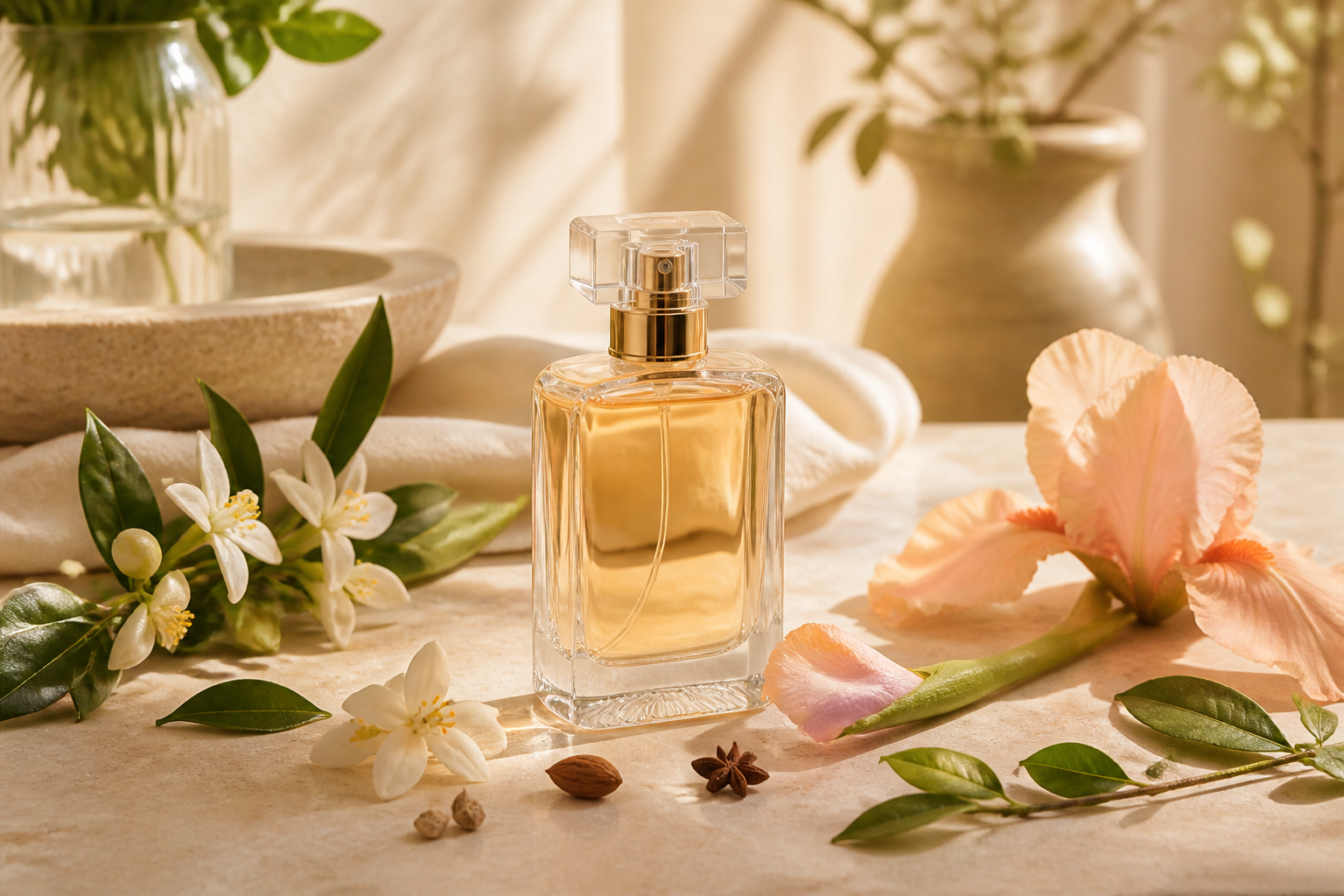 Flacon de parfum naturel entouré de fleurs pour le programme ambassadeur Parfumens