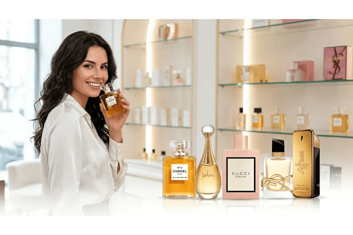 ParfumsMoinsChers femme sourit hume parfum boutique parfumerie luxe Chanel N°5 J'adore Dior Gucci Bloom YSL Libre 1 Million Paco Rabanne authentiques jusqu'à -75 pourcent