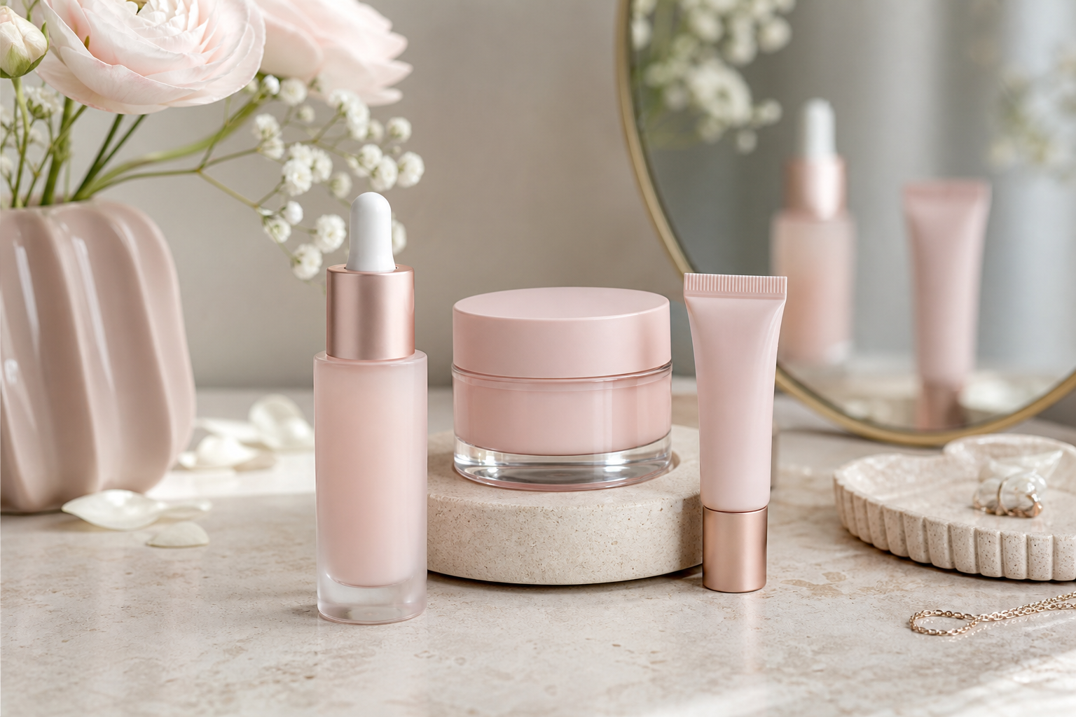Routine de soins visage avec sérum, crème et soin contour des yeux