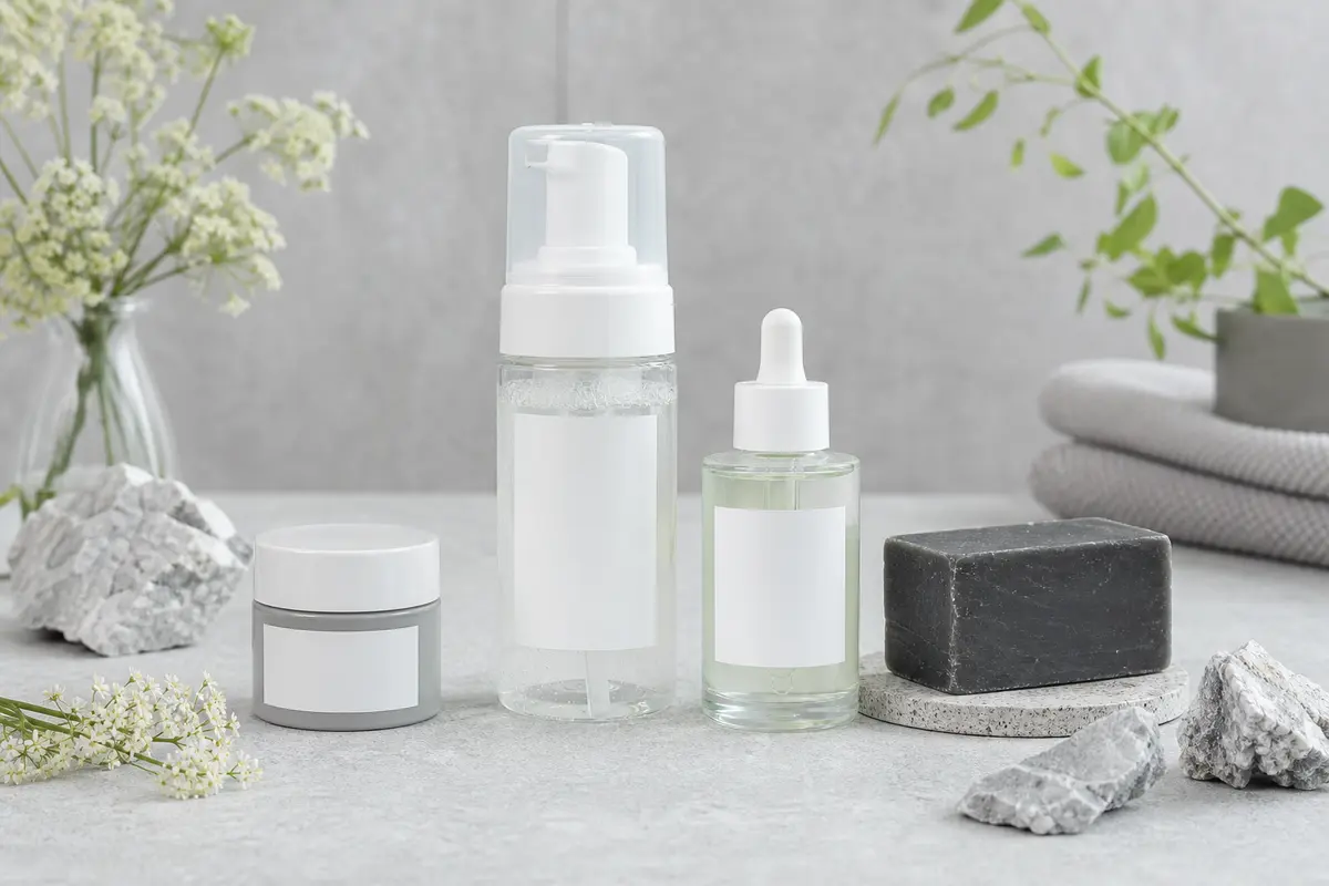 Quatre soins anti-imperfections avec soin local, nettoyant, sérum et pain solide