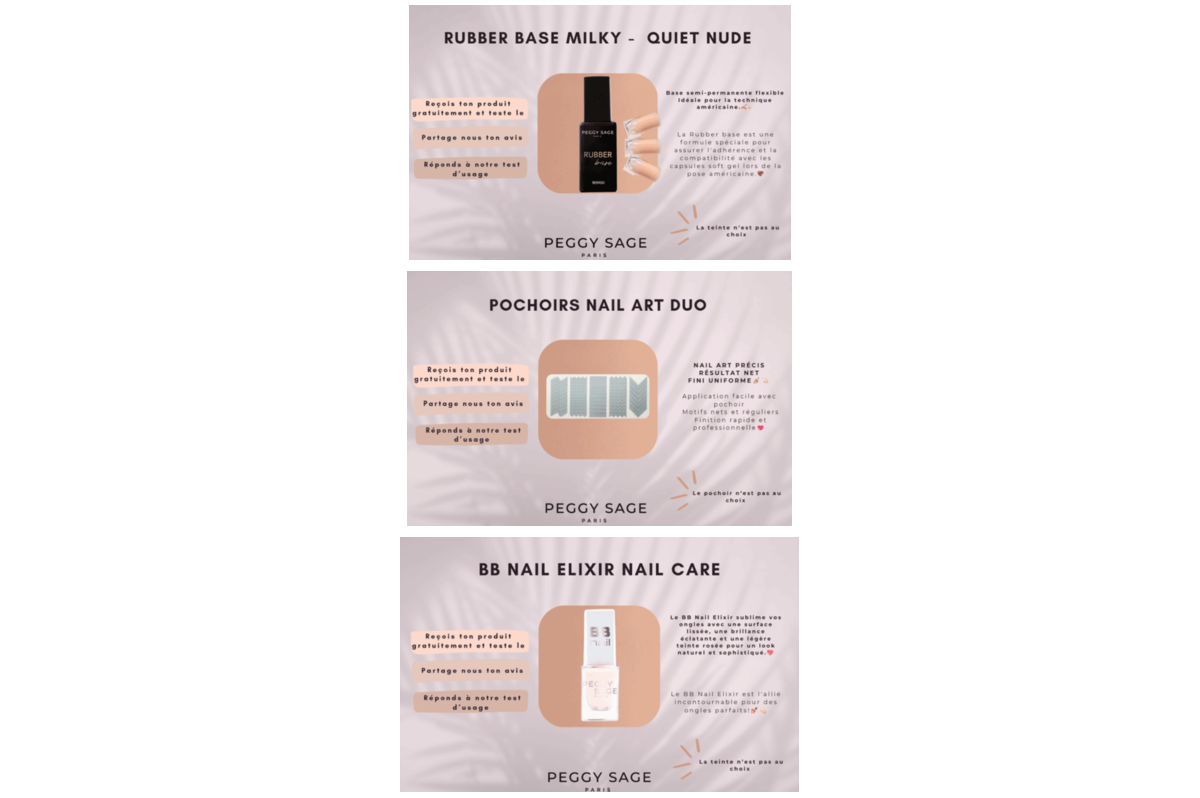 Trois produits ongles Peggy Sage proposés aux testeuses : Rubber Base Milky, pochoirs nail art et BB Nail Elixir
