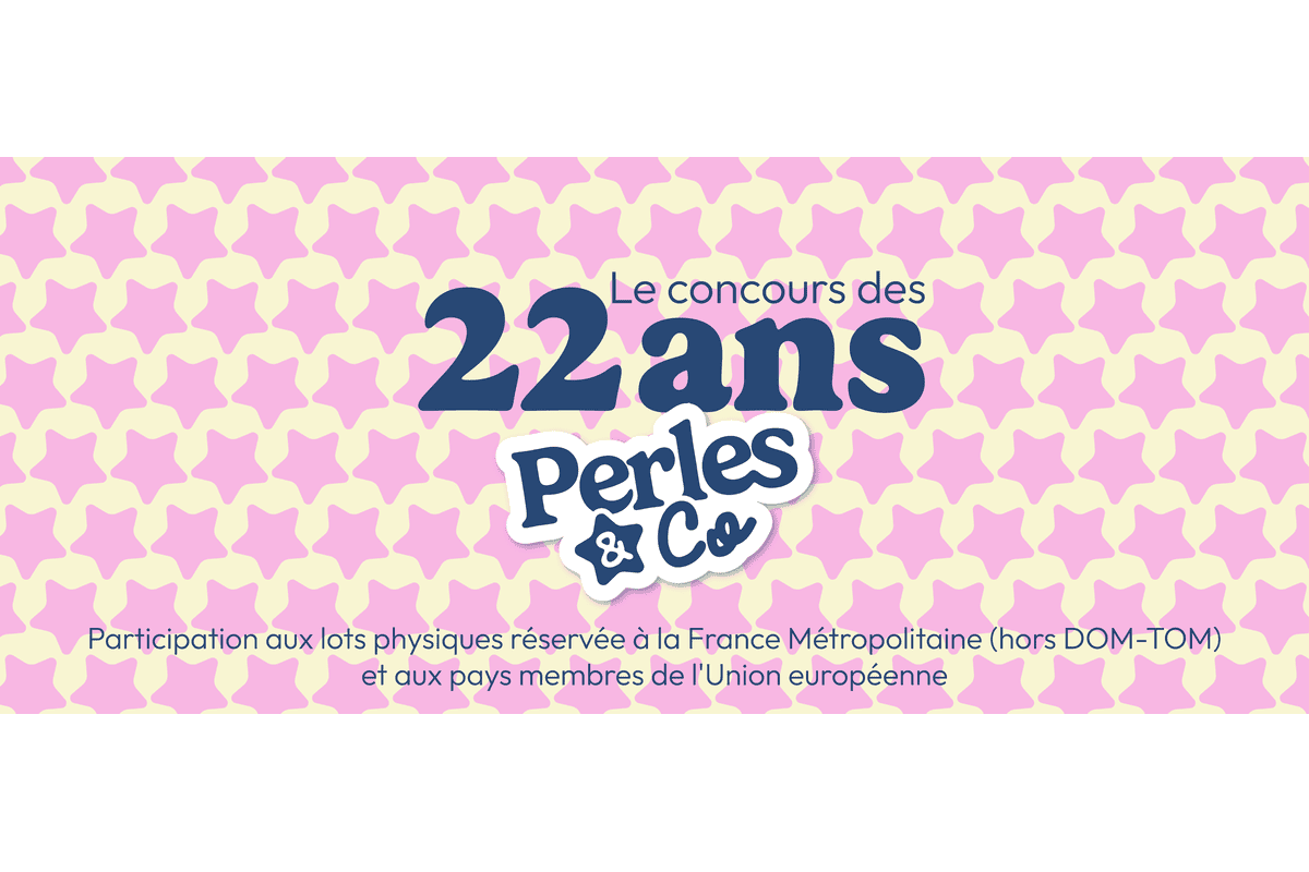 Concours 22 ans Perles & Co : visuel rose et bleu marine avec étoiles jaunes et logo Perles & Co célébration anniversaire 22 ans