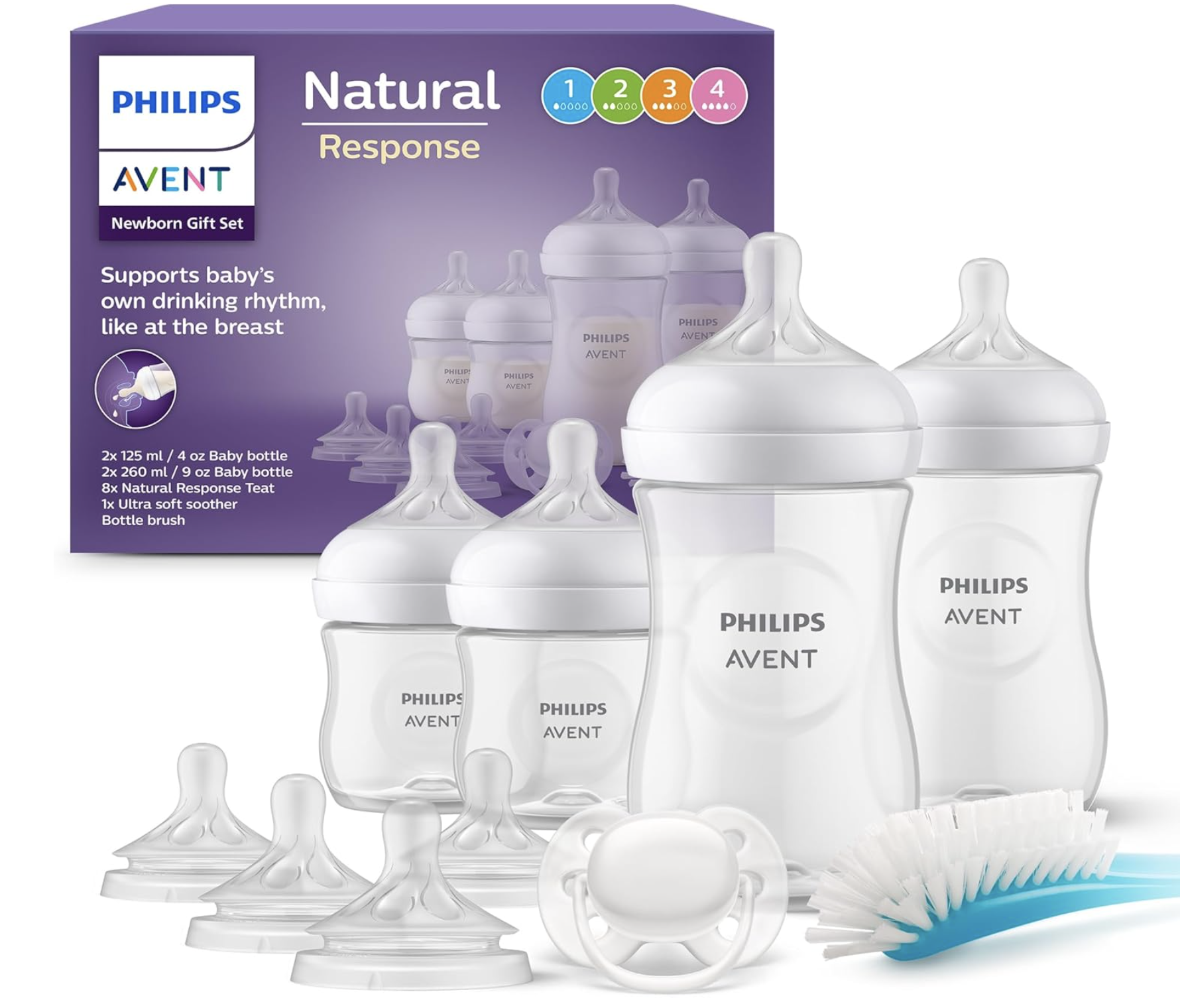 Kit biberons Philips Avent Natural Response nouveau-né avec tétines sucette et goupillon