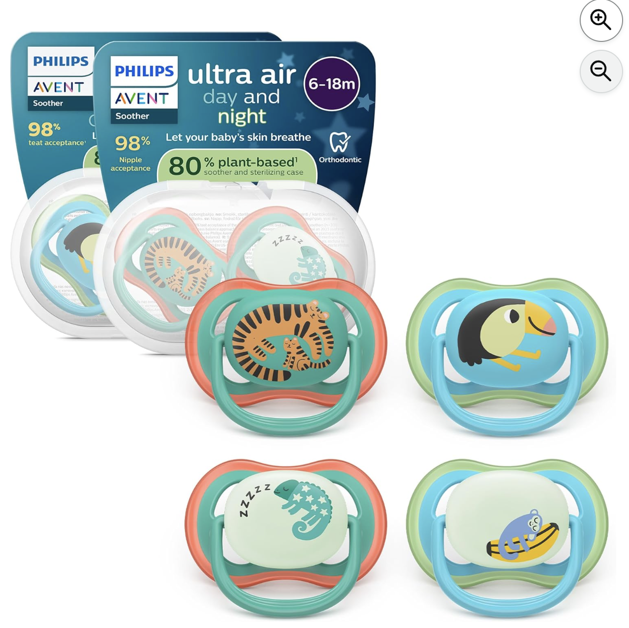 Lot de 4 sucettes Philips Avent Ultra Air Day and Night motifs safari 6-18 mois