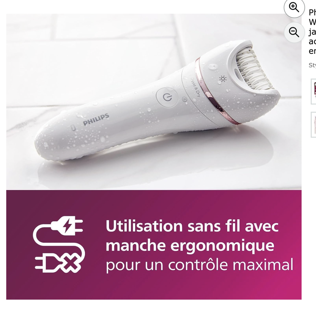 Épilateur Philips Series 8000 sans fil avec manche ergonomique en S, utilisable sous la douche