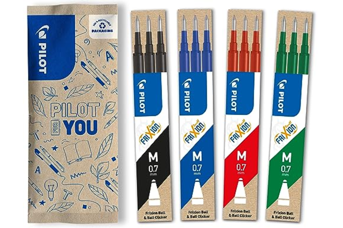 Quatre étuis de 3 recharges PILOT FriXion pointe moyenne, coloris noir, bleu, rouge et vert