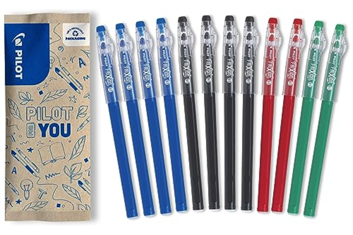 Lot de 12 stylos PILOT FriXion Ball Stick effaçables, coloris bleu, noir, rouge et vert