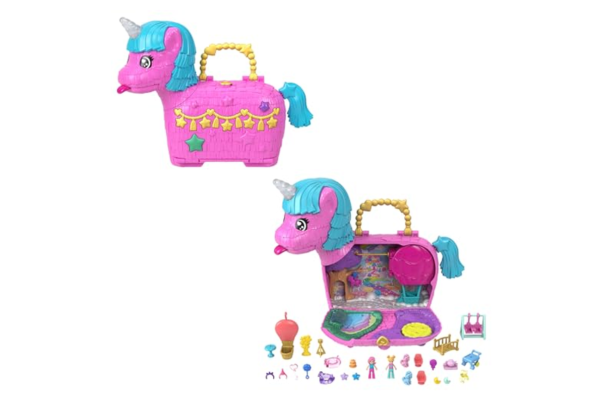 Coffret Polly Pocket Fête d'anniversaire au Pays des Licornes avec sa licorne-piñata et sa montgolfière
