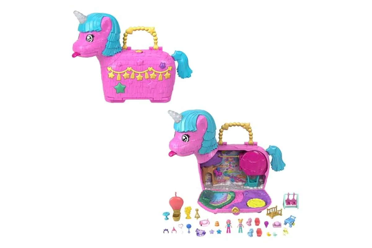 Coffret Polly Pocket Fête d'anniversaire au Pays des Licornes avec sa licorne-piñata et sa montgolfière