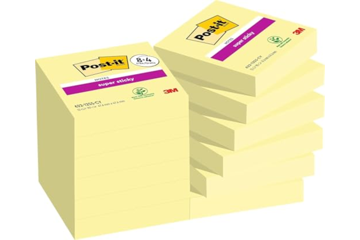 Lot de 12 blocs Post-it Super Sticky jaunes empilés