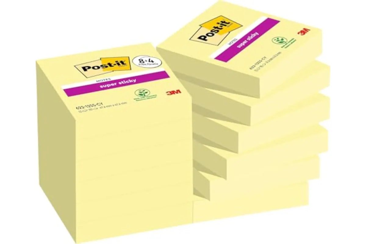 Lot de 12 blocs Post-it Super Sticky jaunes empilés