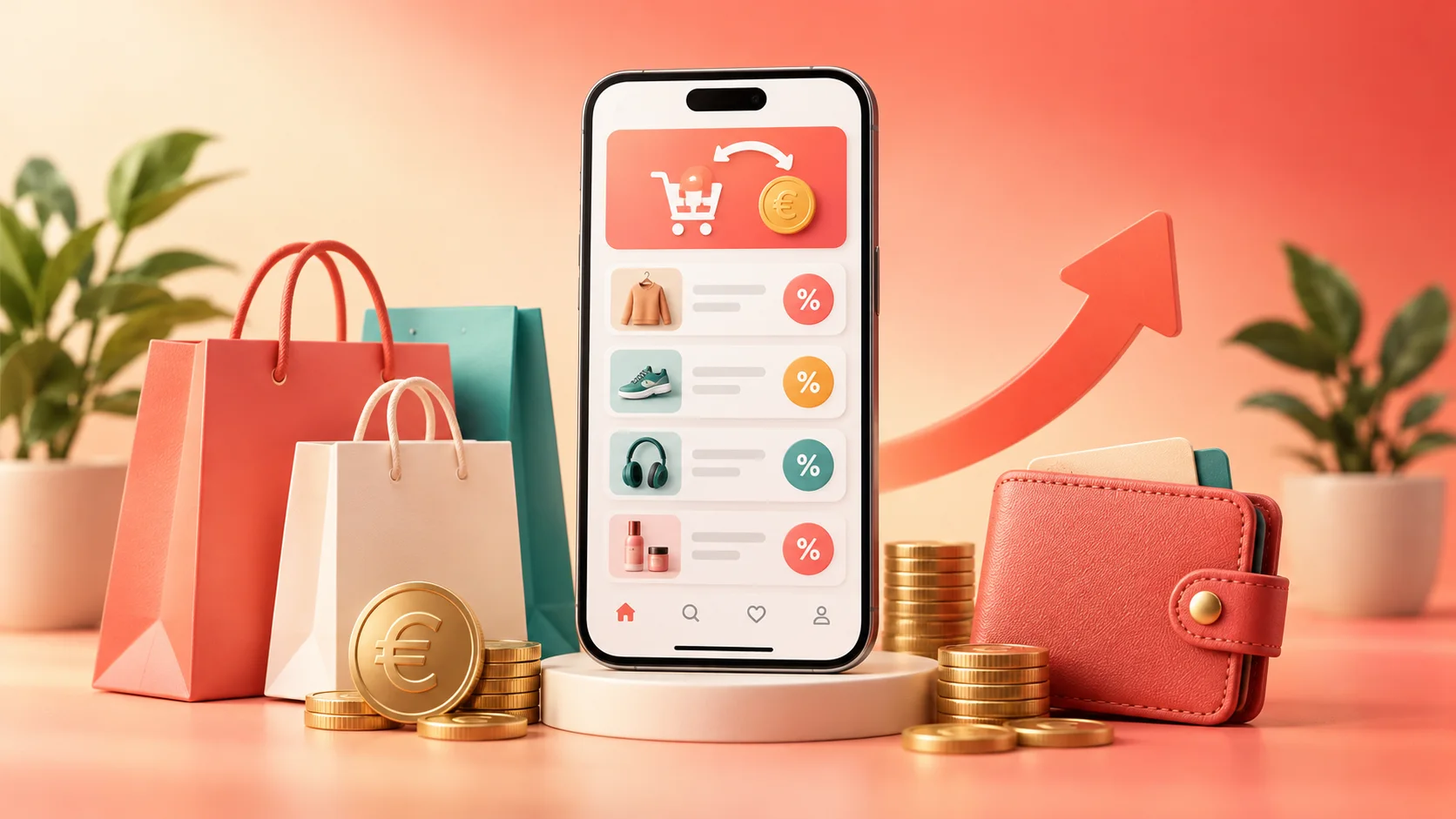 Smartphone affichant des offres de cashback entouré de sacs, pièces en euros et portefeuille