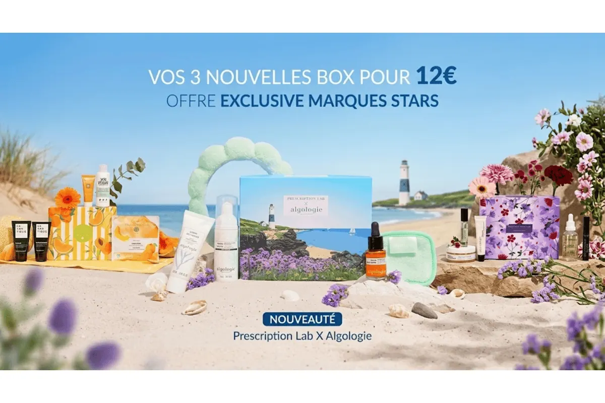 Prescription Lab 3 nouvelles box beauté juillet 2026 collaboration exclusive Algologie actifs marins Algo 4 Plein Sud Palais des Thés Lazartigue Just Love Antipodes L'Atelier Parfum 15 produits valeur 231 euros pour 12 euros offre marques stars