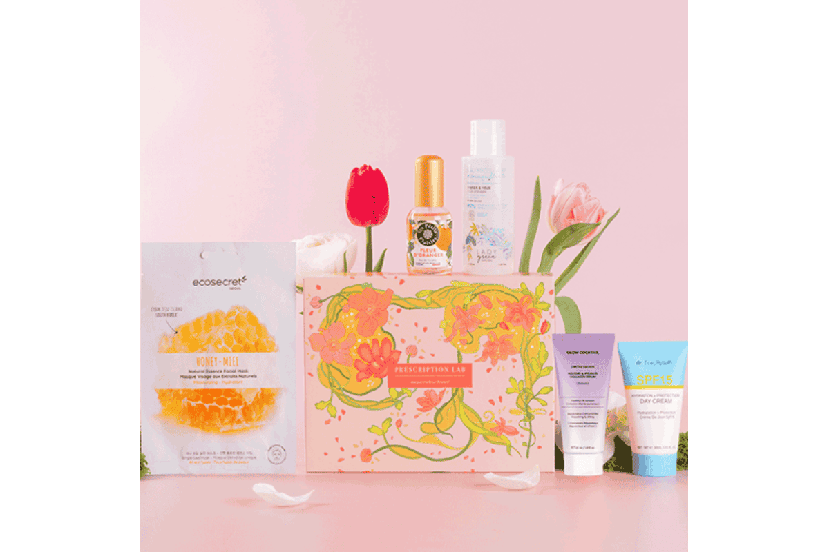 Box Prescription Lab Potion Enchanteresse contenu sérum collagène crème SPF parfum fleur d'oranger eau micellaire masque miel