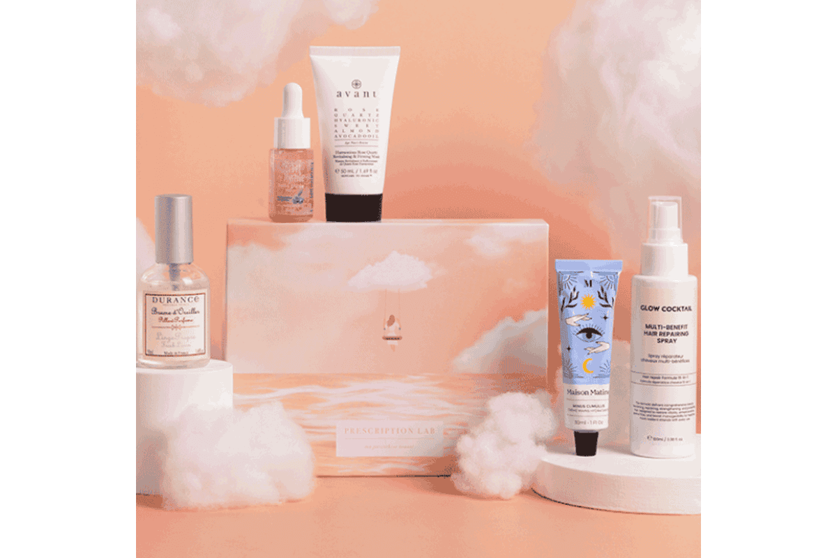 Box Prescription Lab Rêverie contenu gelée visage myrtille masque Avant Skincare quartz rose lotion capillaire crème mains Maison Matine brume oreiller Durance
