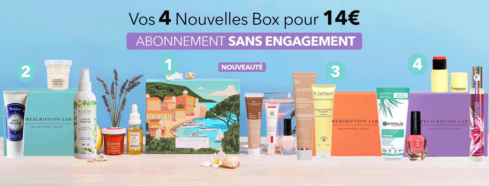 Offre Prescription Lab avec quatre box beauté et quatorze produits pour 14 euros