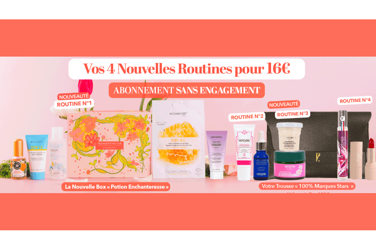 Prescription Lab 4 nouvelles routines beauté 16€ sans engagement Box Potion Enchanteresse trousse 100% Marques Stars 12 produits valeur 268€