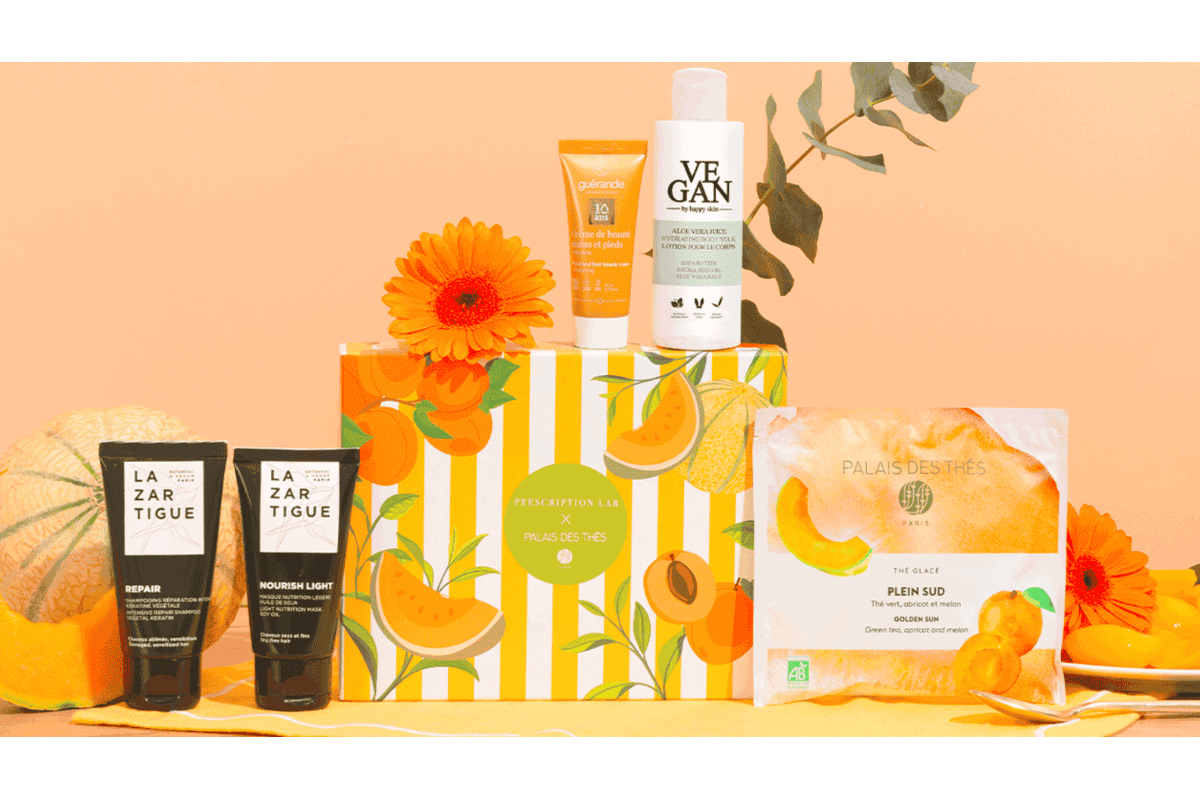 Box Prescription Lab édition vert et jaune produits vegan La Zarzigue masque pêche calendula eucalyptus